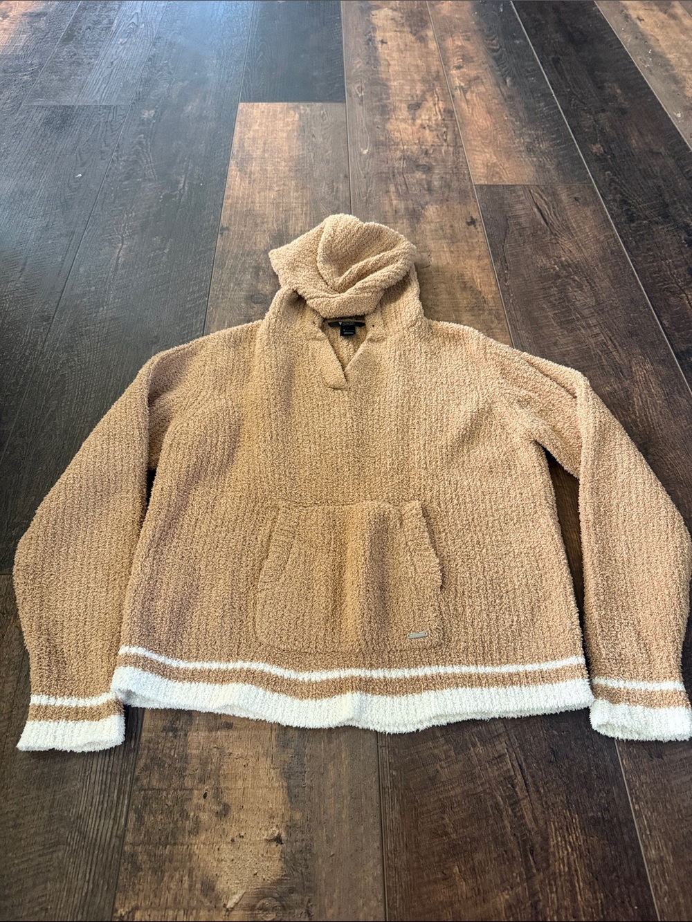 Victoria's Secret Tan Hooded Sherpa Pullover with White Trim